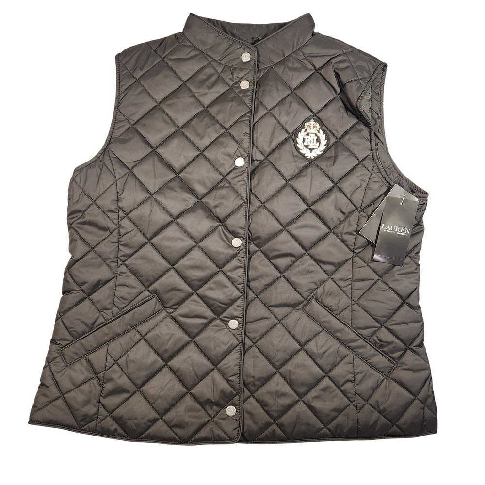 Lauren Ralph Lauren Vest Womens Large Black‎ Quilted Puffer Snap Front Crest